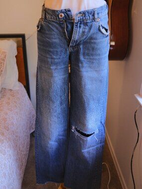 Zara Medium Wash Ripped Wide Leg Jeans Size 2 Distressed Denim